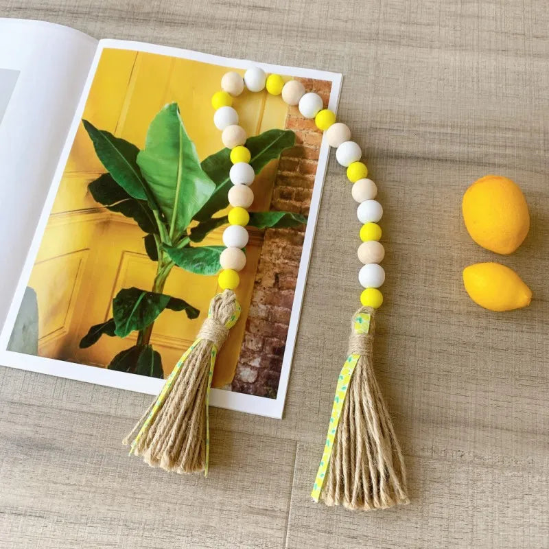 Wood Bead Garland With Lemon Pendant DIY Crafts Rustic Farmhouse Country Wall Decoration Boho Tassel Woven Tassel Ornaments