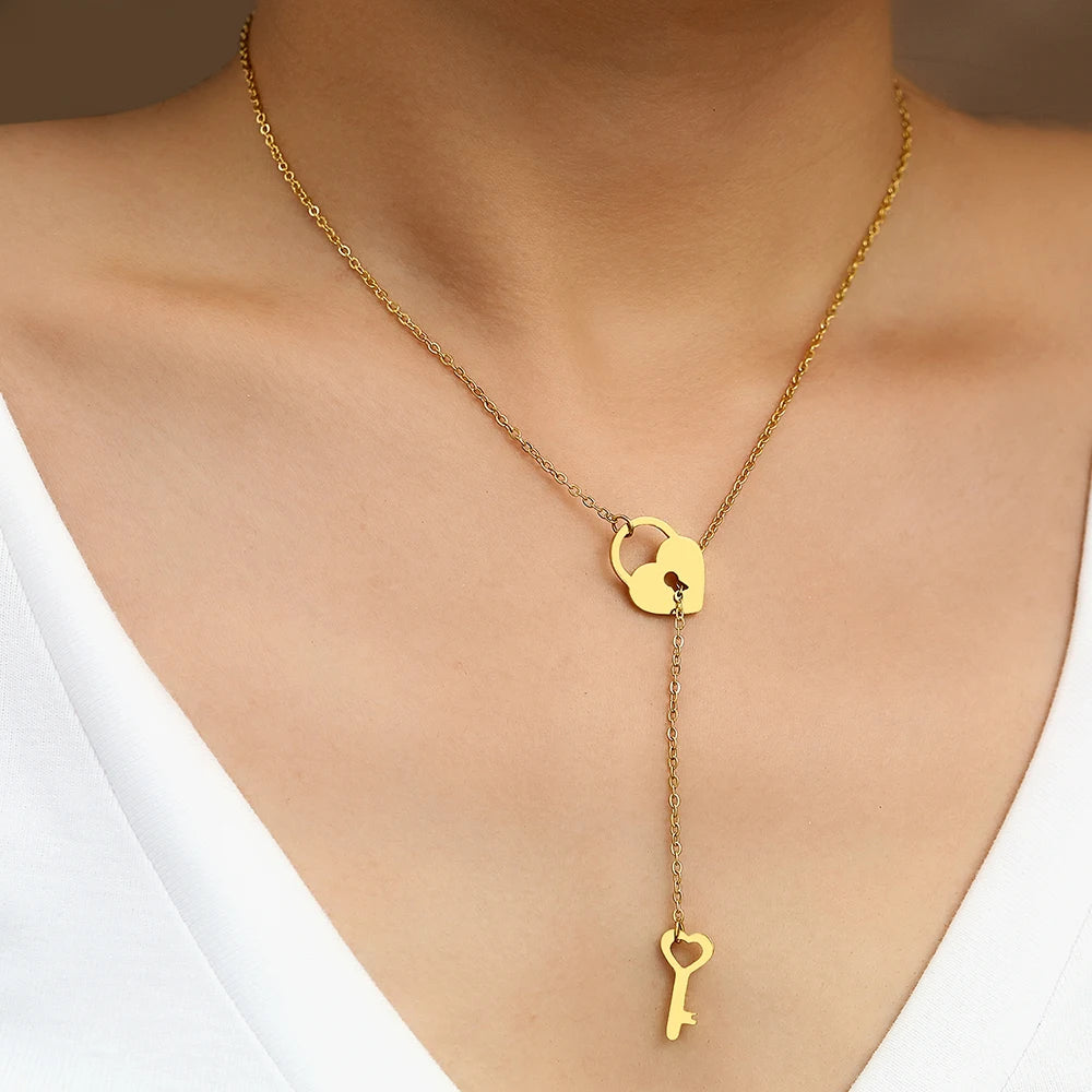 Stainless Steel Necklaces Trendy Fine Heart Lock Key Independent Pendants Fashion Chains Choker Necklace For Women Jewelry Gifts