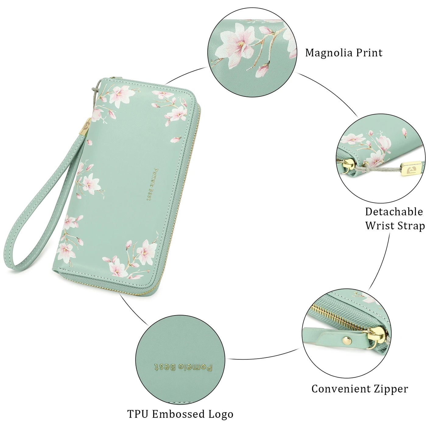 Tejesa RFID Blocking Leather Multi Credit Card Large Capacity Zip Around Wallets Clutch Wristlet Travel Flower Long Purse for Women