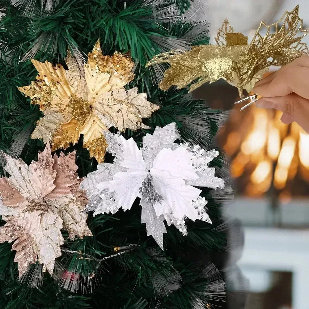 Mini Christmas Flowers Fixed Clips Xmas Tree Flower Metal Fixing Clip for New Year Navidad Noel Wreath Party Decoration Supplies