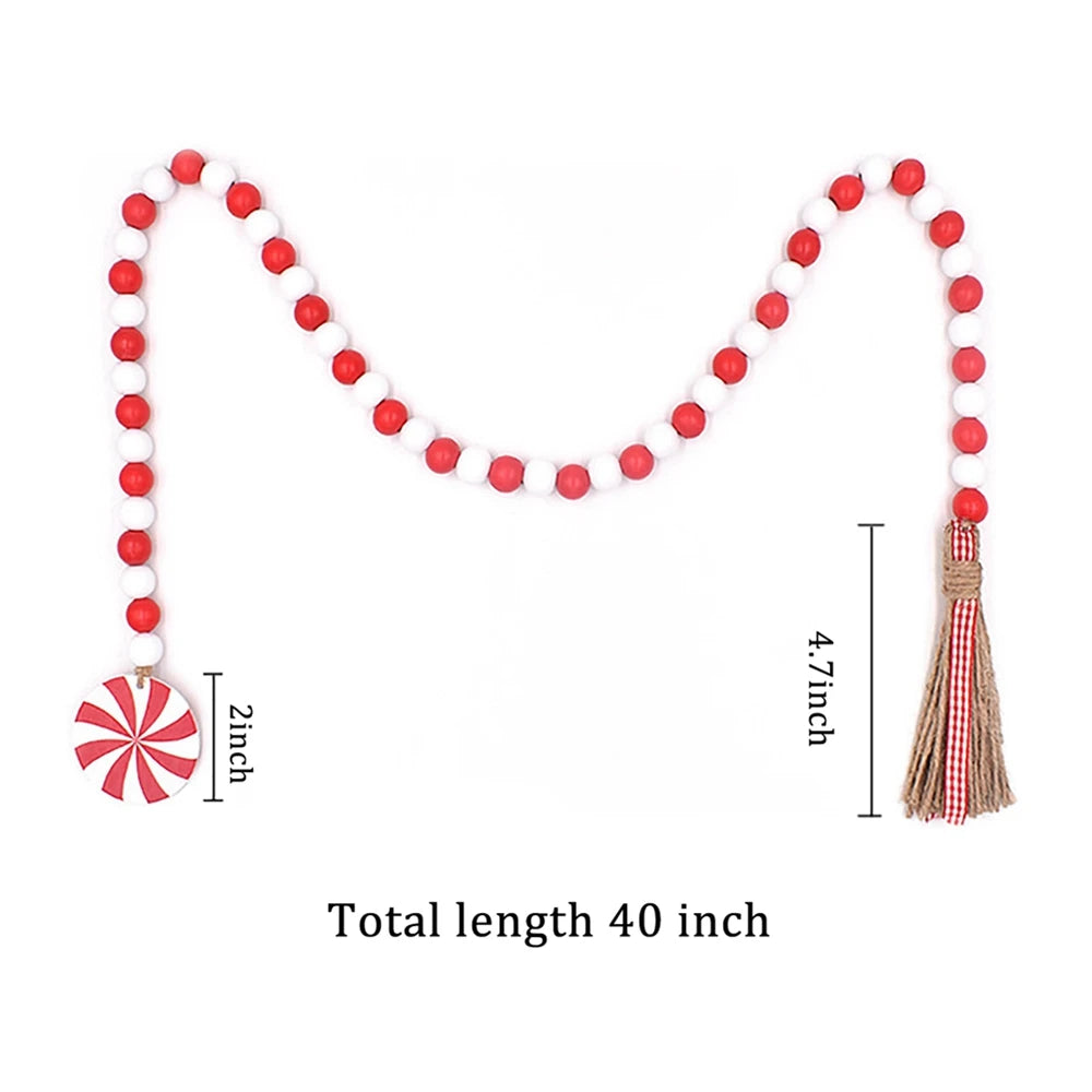 Christmas Wood Bead Garland Decor Bead Christmas Wooden Hanging Farmhouse Ornament Tassels Xmas Tassel Garland Home Rustic Decor