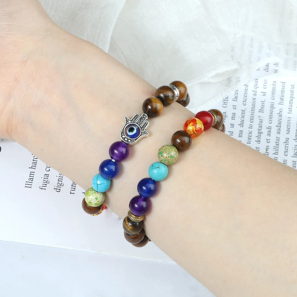 Heamsa 2pcs 7 Chakra Beaded Bracelets Set / Natural Tiger Eye Stone Black Lava Rock Lucky Evil Eye Bangles
