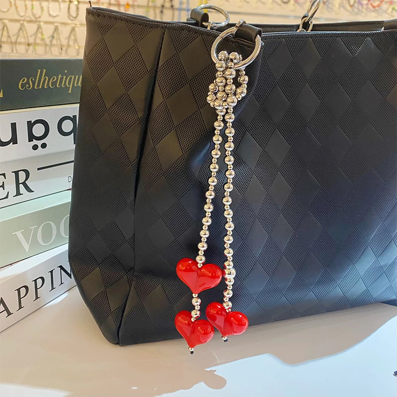 Charming Women Y2K Accesories Love Bead Hanging Chain Big Red Heart Bag Pendant Charms Colorful Beads Chain Fashion Lady Jewelry