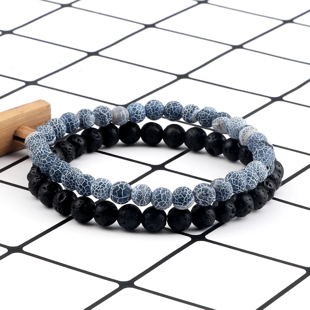 Heamsa 2pcs/set Black Lava Stone Bracelet Men 6mm Natural Cracked Beads Strand Braceelets Stretch Bangles Women Yoga Healing Jewelry