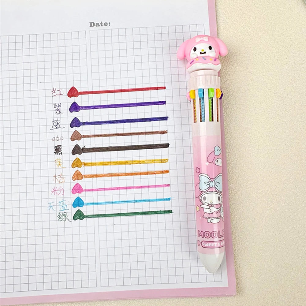 MINISO Sanrio Ballpoint Pen Kawaii Cinnamoroll Kuromi 10 Color Gel Pen Marker Graffiti Students Write Cartoon Stationery
