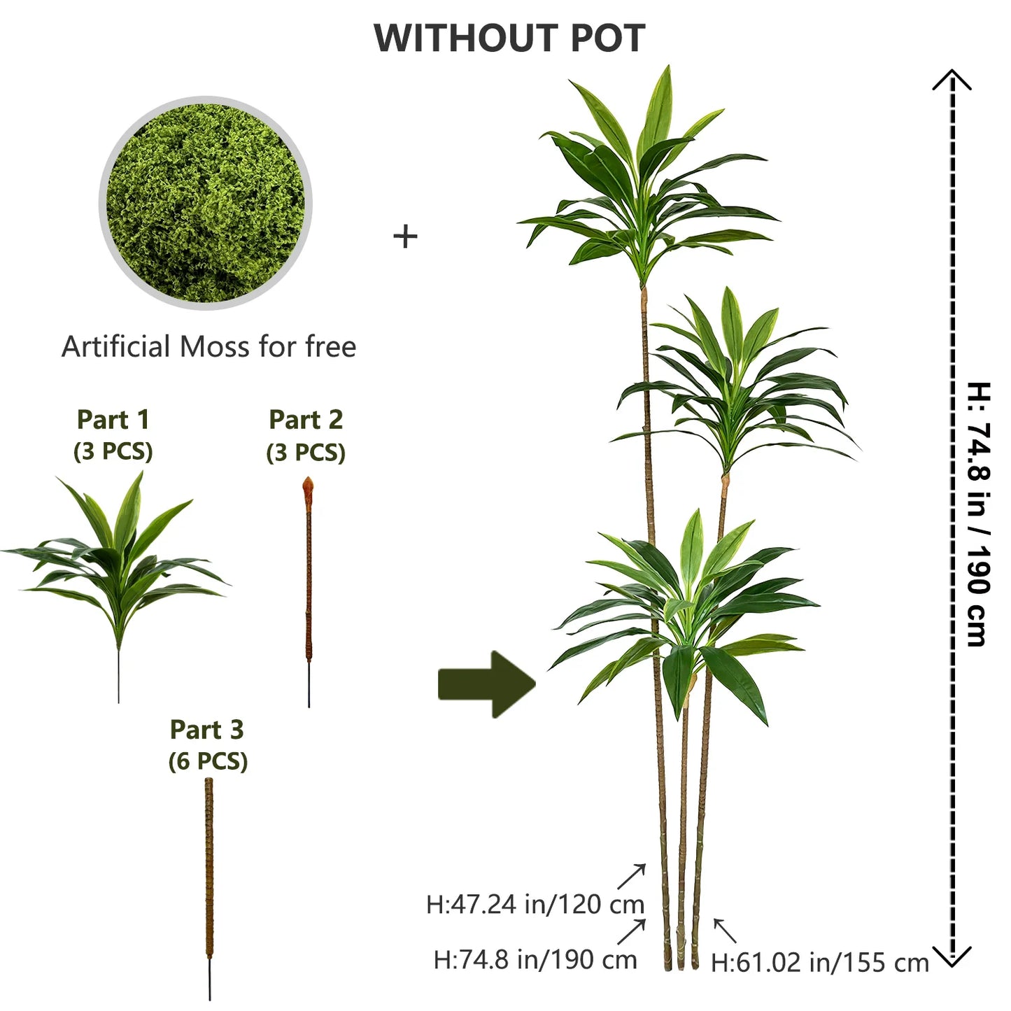Tejesa 50-225CM Artificial green Dracaena plant tree indoor outdoor ornament fake plant for Home garden Room wedding decor halloween