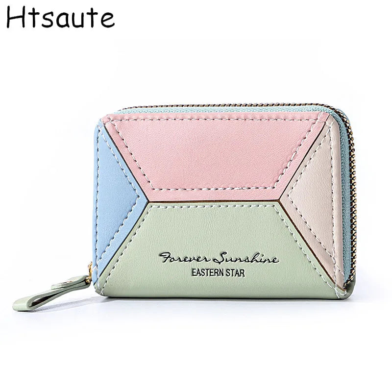 Hemasa Patchwork  Leather  Purse Mini Solid Multi-Cards Holder Coin Short Wallets Slim Small Wallet Zipper