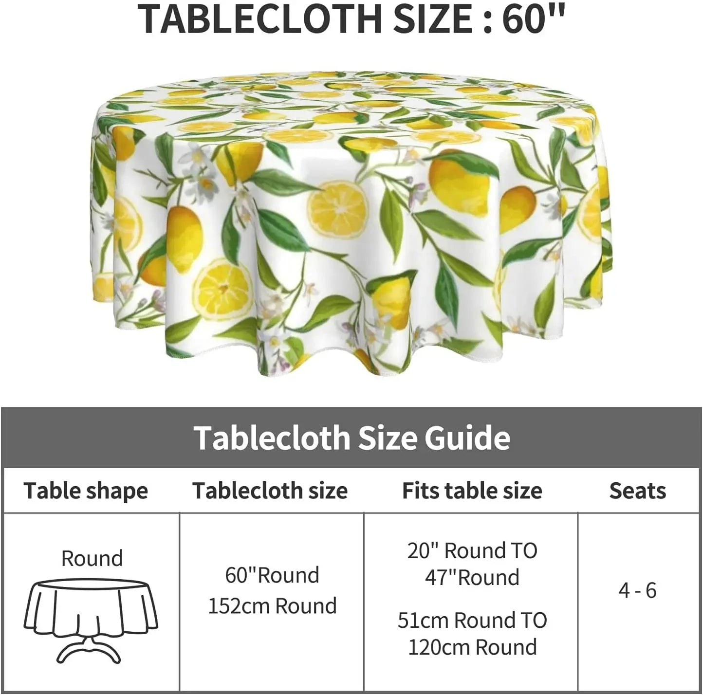 Lemon Tree Branches Flowers Leaves Round Tablecloth 60 Inch Tablecover Anti-Wrinkle Waterproof Wipeable Table Cloth Home Decor