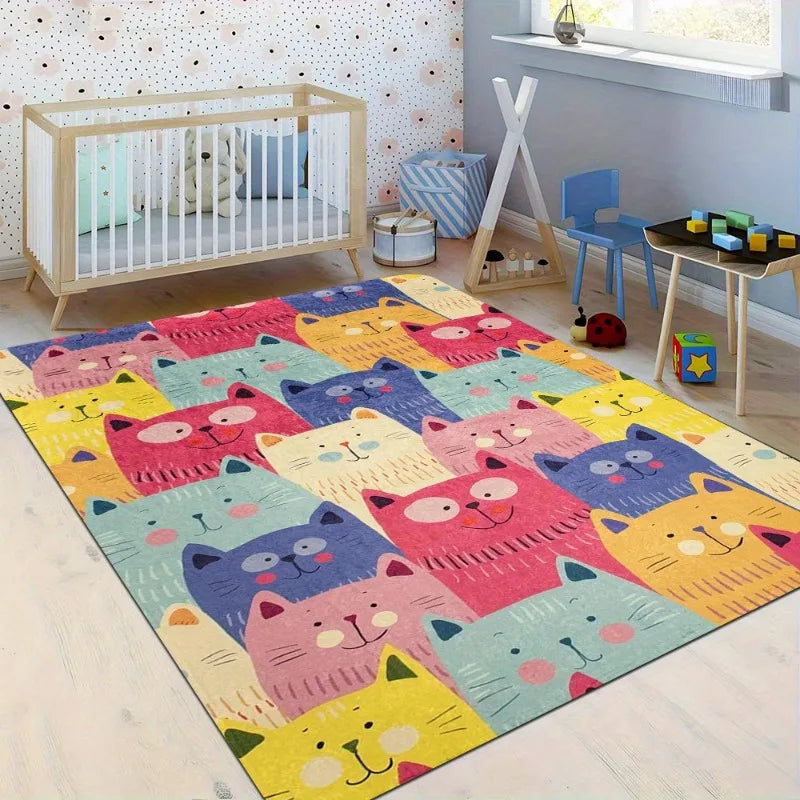 Hemasa Cute Cartoon Cat Pattern, Hippie, Large Size Area Rug, Sofa Coffee Table Rug Home Soft Area Rug, Teens Bedroom Decor Floor Mat