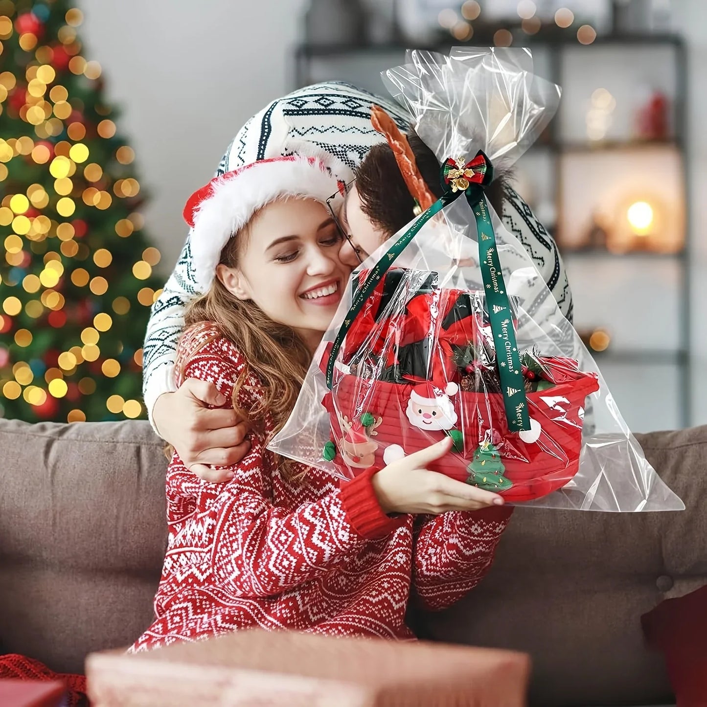 Christmas Gift Basket-Red Open-Top Storage Basket for Tree Decorations,Presents,Candy-Decorative Holiday Home Decor Organizer