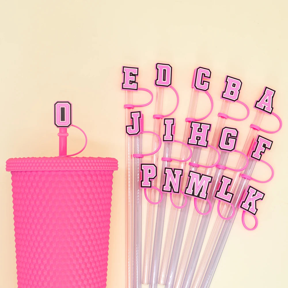 10mm Pink Letter Straw Cover Caps 1PCS Accessories For Cups,Soft Silicone Alphabet Straw Topper Drinkware,Dustproof Straw Caps