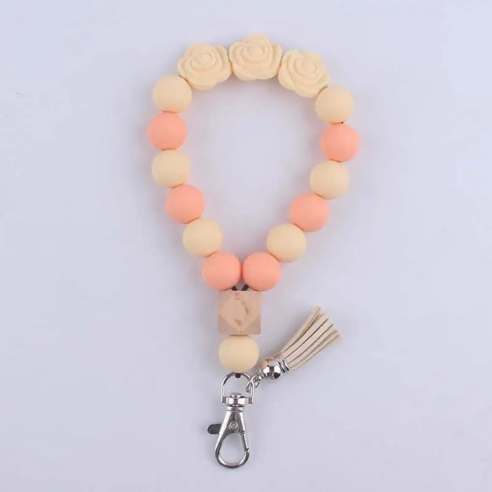 Fashion Silicone Keychain Food Grade Teether Round Bead Keyring Tassel Bracelet Pendant Keychain For Women Lobster Clasp Keyring