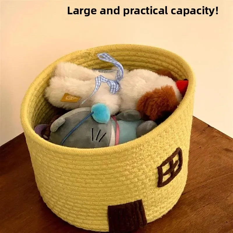 Tejesa Large Capacity  Woven Basket with Lid Cartoon House aped Storage Container Fun Desktop Organizer Basket for Home Use