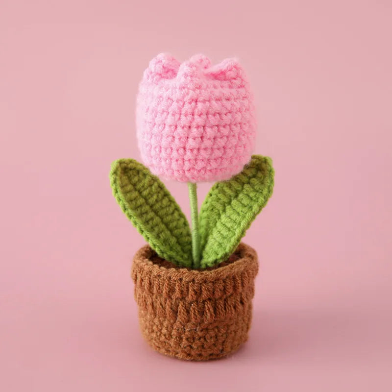 Hemasa Mini Tulips Crochet Flowers Potted Cute Knitting Flowers /Table Car Decor Handmade Artificial Tulips