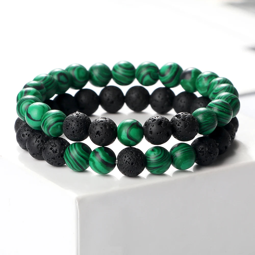Hemasa 2pcs Couple Distance Lava Rock Beaded Bracelet Natural Stone Malachite Hematite Strand Bracelet Yoga Bangles Lover Wrist Jewelry