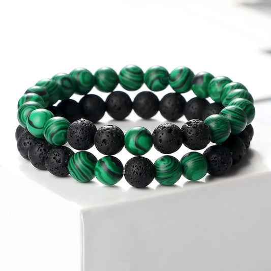 Hemasa 2pcs Couple Distance Lava Rock Beaded Bracelet Natural Stone Malachite Hematite Strand Bracelet Yoga Bangles Lover Wrist Jewelry