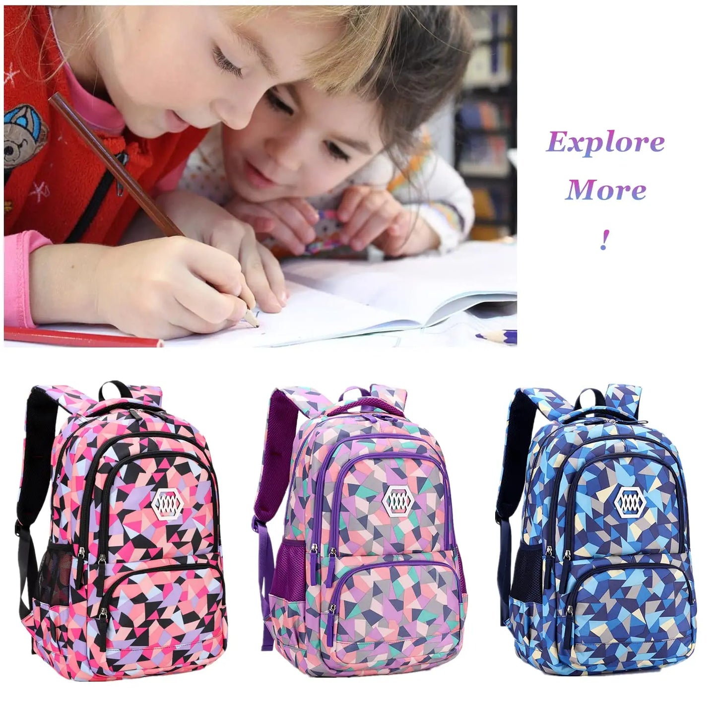 Hemasa Geometric Print Kids Backpack for Girls Boys Primary Middle School Bag Bookbags Free Lunch Bag and Coin Purse