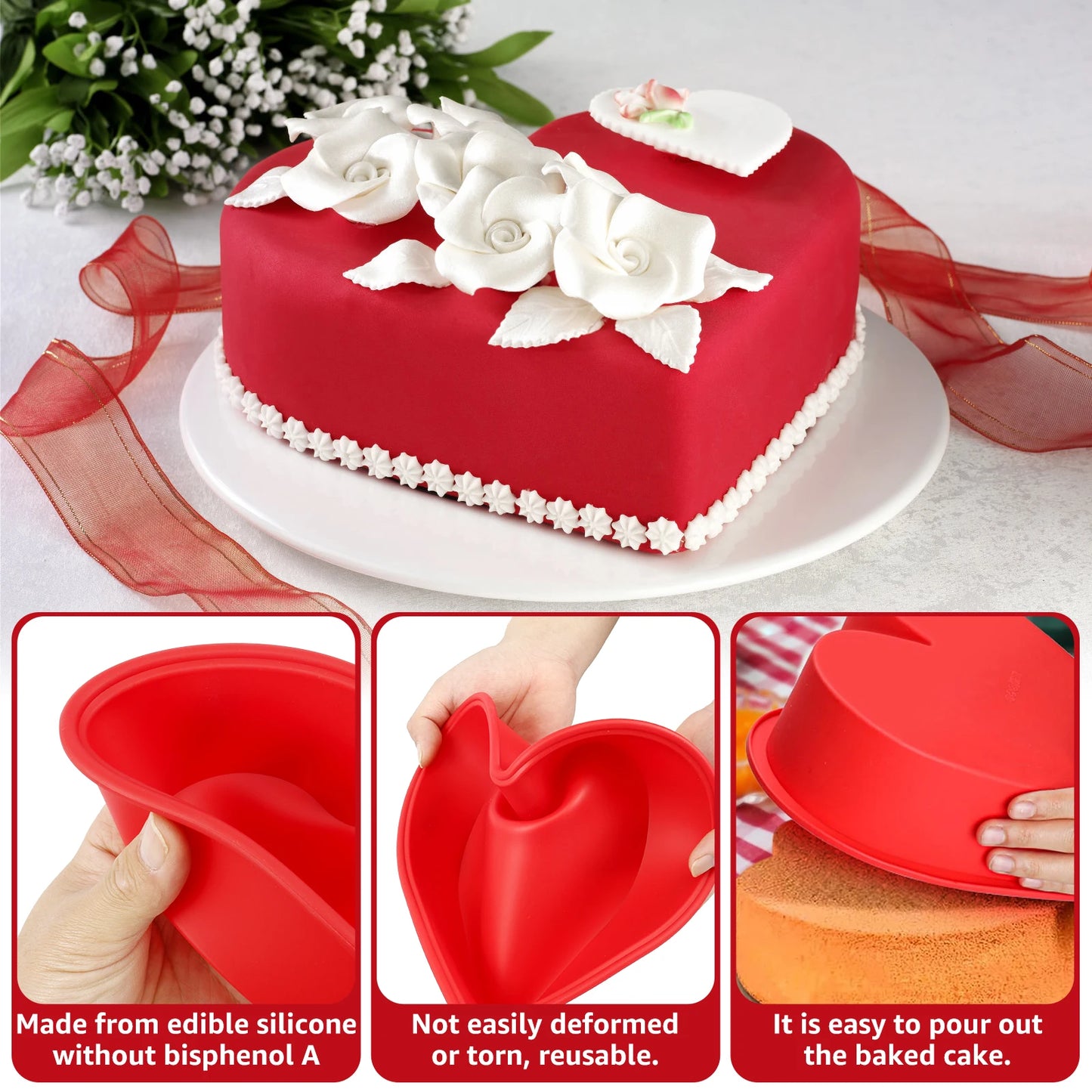 Tejesa 3Pcs Heart Shape Cake Pans 10 Inch Silicone Cake Molds BPA Free Cake Baking Tray Reusable Cake Baking Pans Nonstick Cheesecake