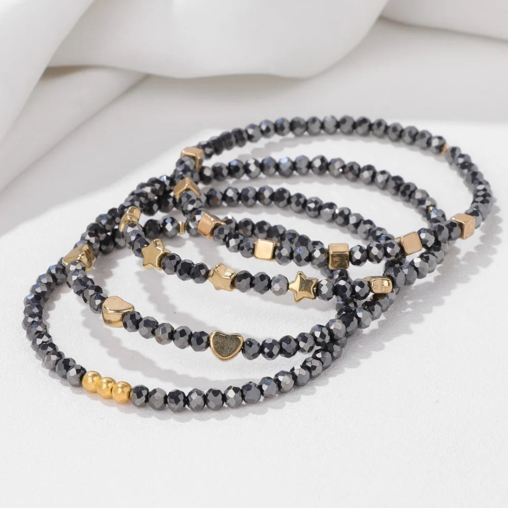 4pcs/set Faceted Crystal Beads Bracelet Colorful Round Shiny Glass Beaded Charm Braclets for Women Men Couples Jewelry Gift