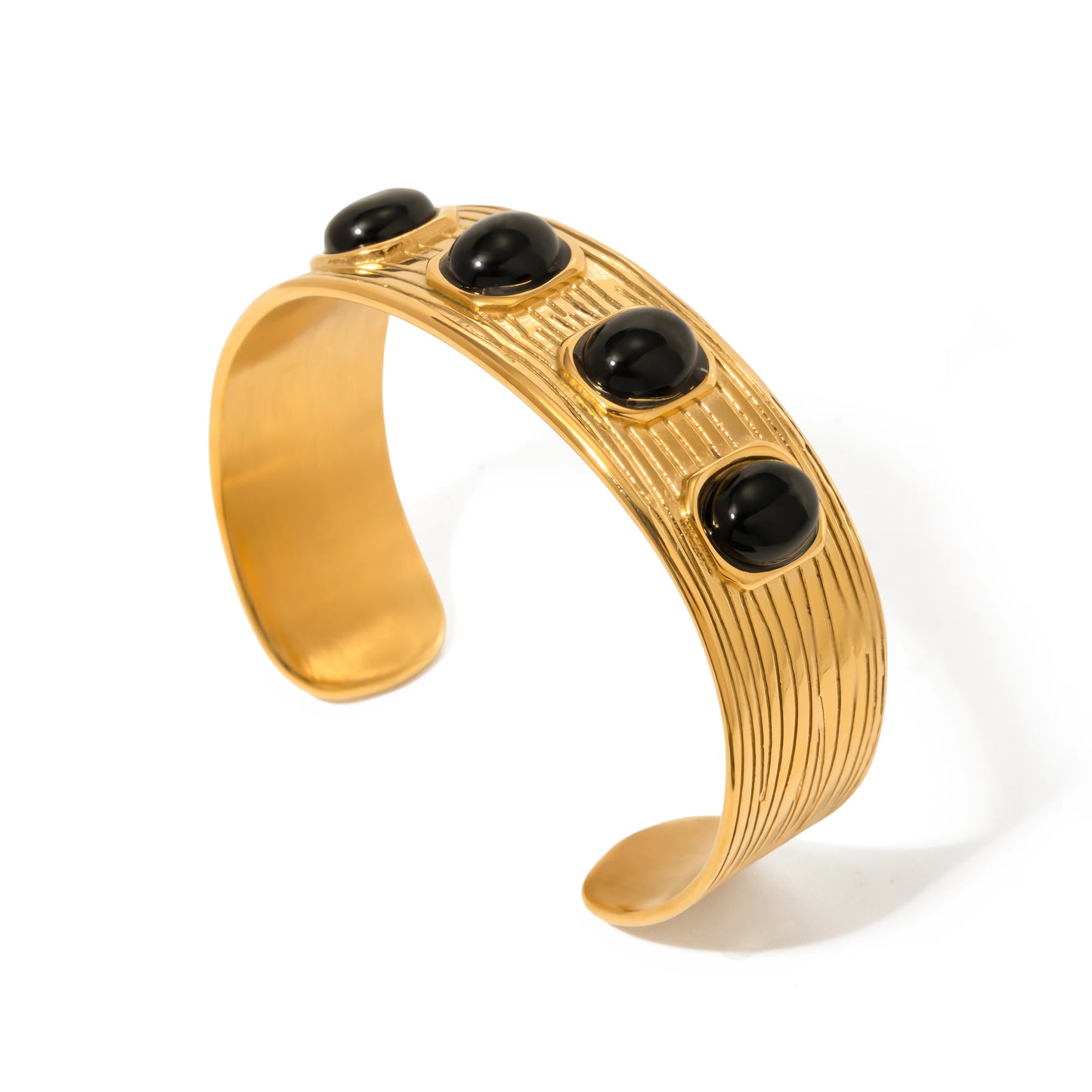 Hemasa  Wide Stripe Four Black Onyx Stones Inlaid Opening Bangle Bracelet