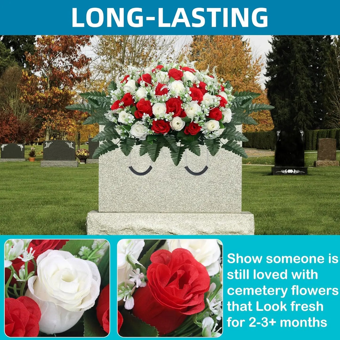 Headstone Flower Saddle, Large Artificial Cemetery Flowers for Grave, Cemetery Memorial Flowers for Outdoor Tombstone Decoration