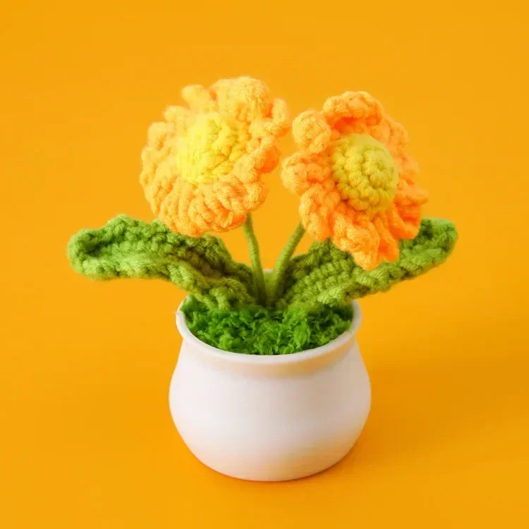 Hemasa Cute Daisy Crochet Flowers Potted Woven Flower Creative Artificial Flowers Car Office Table Decor Handwoven Plant Flor Tejida