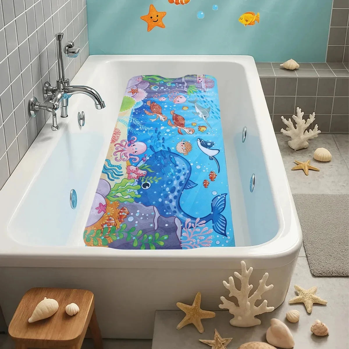 Tejesa 1pc Cartoon Extra Long Bathtub Mat 40x100cm Non Slip Bath Mat for Bathroom Tubs Shower Mats with Suction Cups & Drain Holes