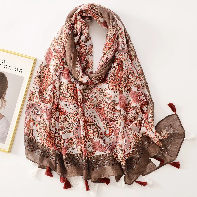 Tejesa Woman Shawl Fashion Design Tassel Cotton Scarf  /Floral Print Ladies Scarves
