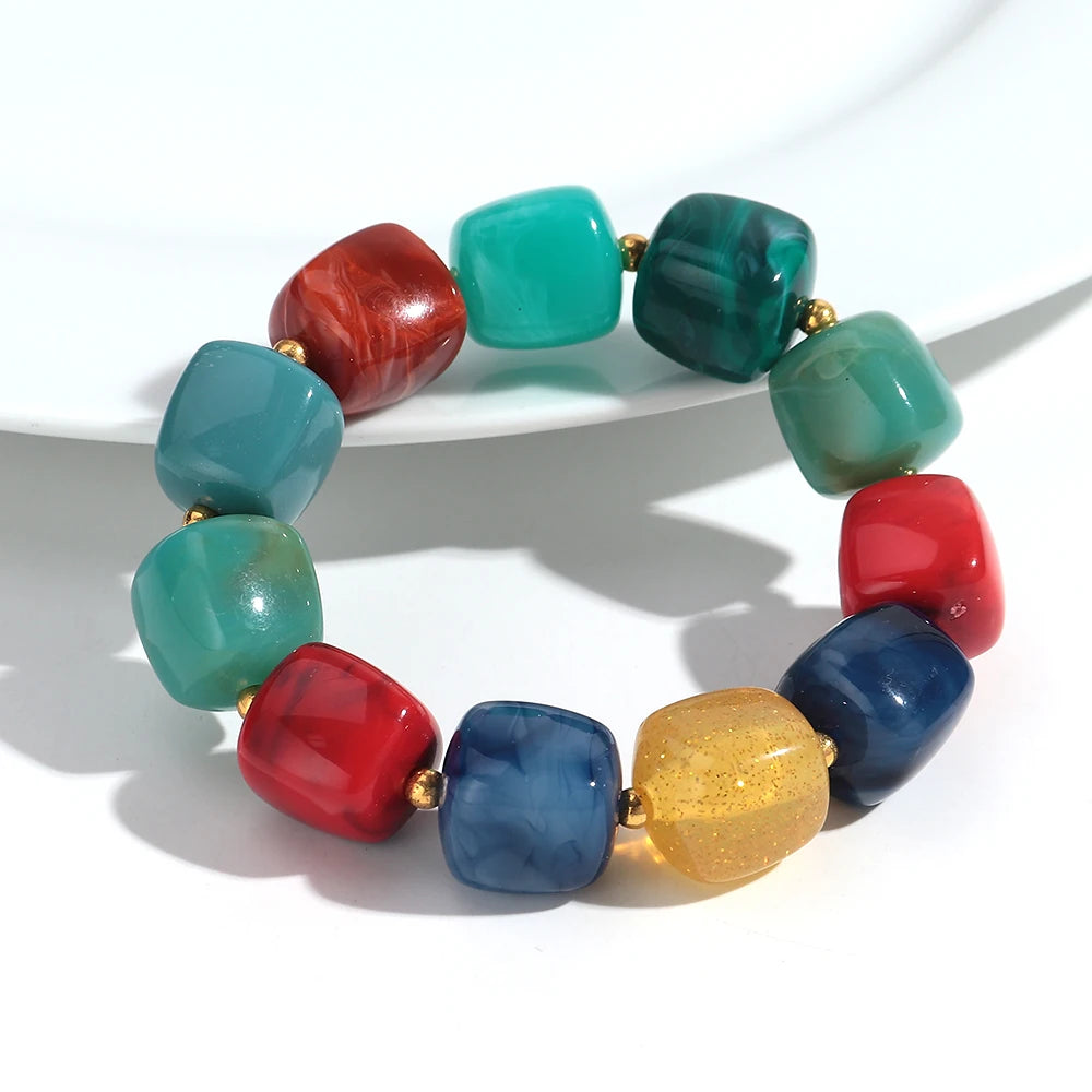 New Multicolor Acrylic Geometric Bead Bracelet for Women Trendy Resin Irregular Square Elastic Bracelets Handmade Jewelry Gift