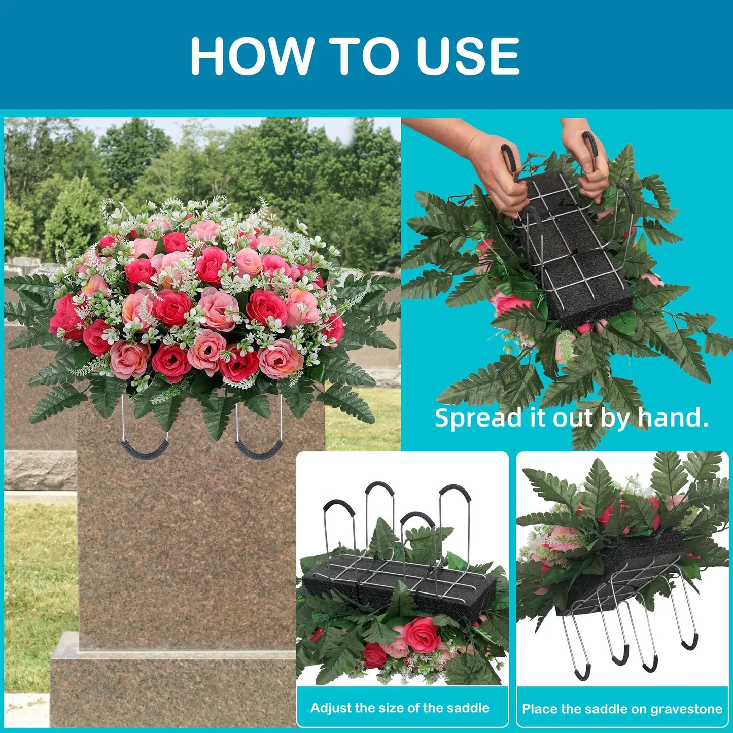 Headstone Flower Saddle, Large Artificial Cemetery Flowers for Grave, Cemetery Memorial Flowers for Outdoor Tombstone Decoration