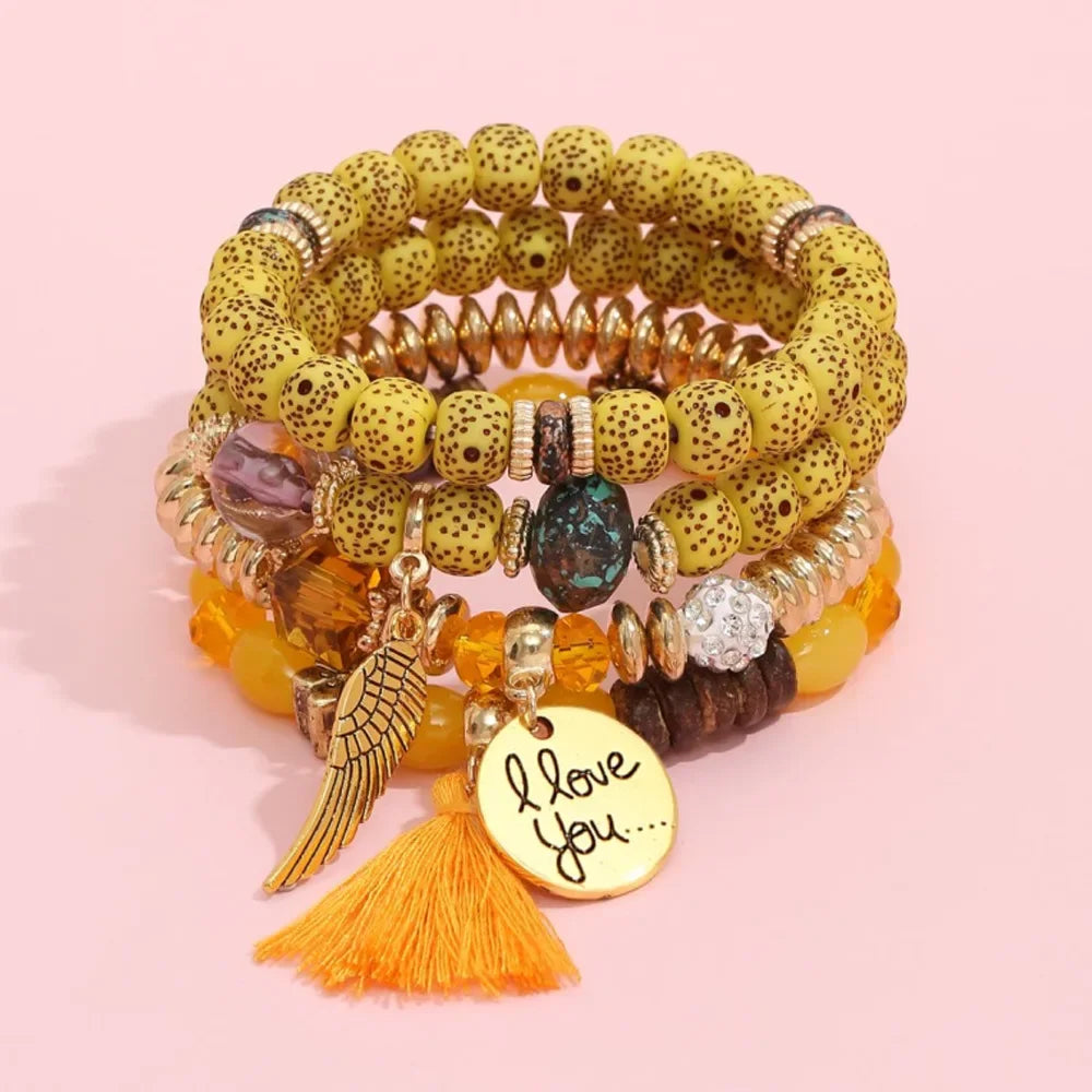 4Pcs Bohemian Beaded Bracelet Set For Women I Love You Letter Round Wing Tassel Charm Elastic Chain Bangle Girls Boho Jewelry