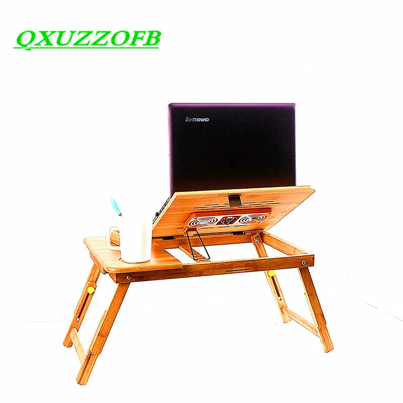 Hemasa Bamboo Laptop Desk With Cooling Fan Pad Tray Adjustable Portable Folding Lapdesk Notebook Stand For Bed Tablet Business Gifts