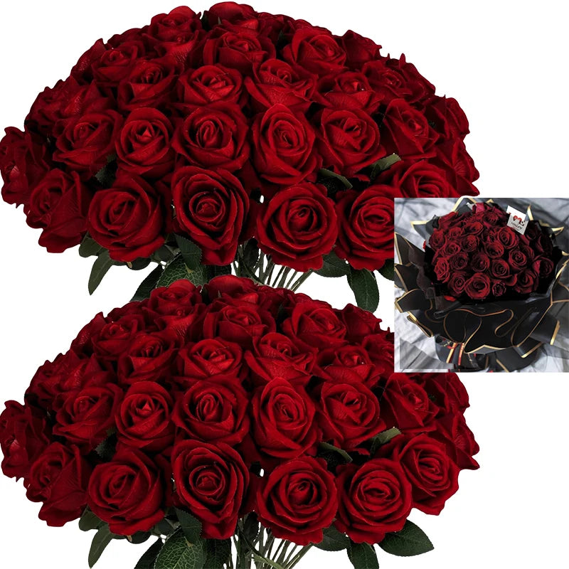 Tejesa 50 Pcs Velvet Rose Artificial Rose Flowers Real Touch Fake Roses Florals for Valentine's DIY Wedding Bouquet Party Home Decor