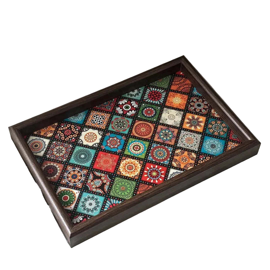 Tejesa Bohemian Style Wooden Leather Storage Tray for Living Room Desktop Jewelry Decorative Tray
