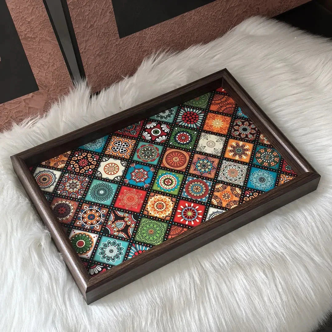Tejesa Bohemian Style Wooden Leather Storage Tray for Living Room Desktop Jewelry Decorative Tray
