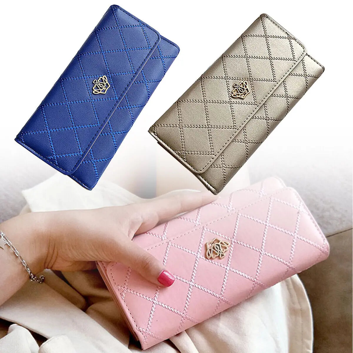 Hemasa Black Long Wallets for Women/ PU Leather Diamond Pattern Purse Card Holder Crown Buckle