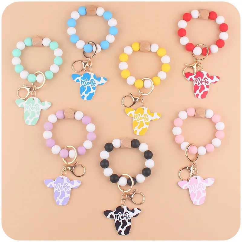Creative Silicone Beads Bracelet Pendant Keychain Cartoon Cow Head Wooden Sign Pendant Keyring For Women Girls Keychain Jewelry