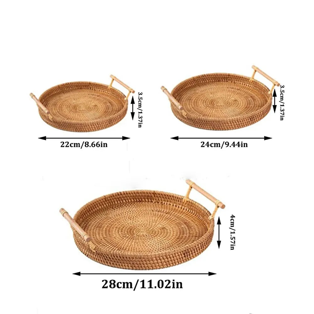 Hemasa 1PC Rattan Bread Storage Woven Snacks Fruit Round Tray Picnic Binaural Tray Living Room Table Finishing