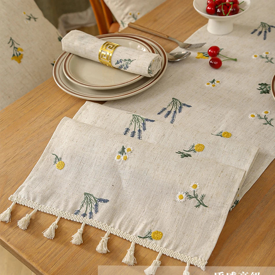 Tejesa Embroidery Tassel Table Runner,Cotton Linen Thicken Fabric ,Kitchen Dining Room coffee Table Restaurant Decor Supplies