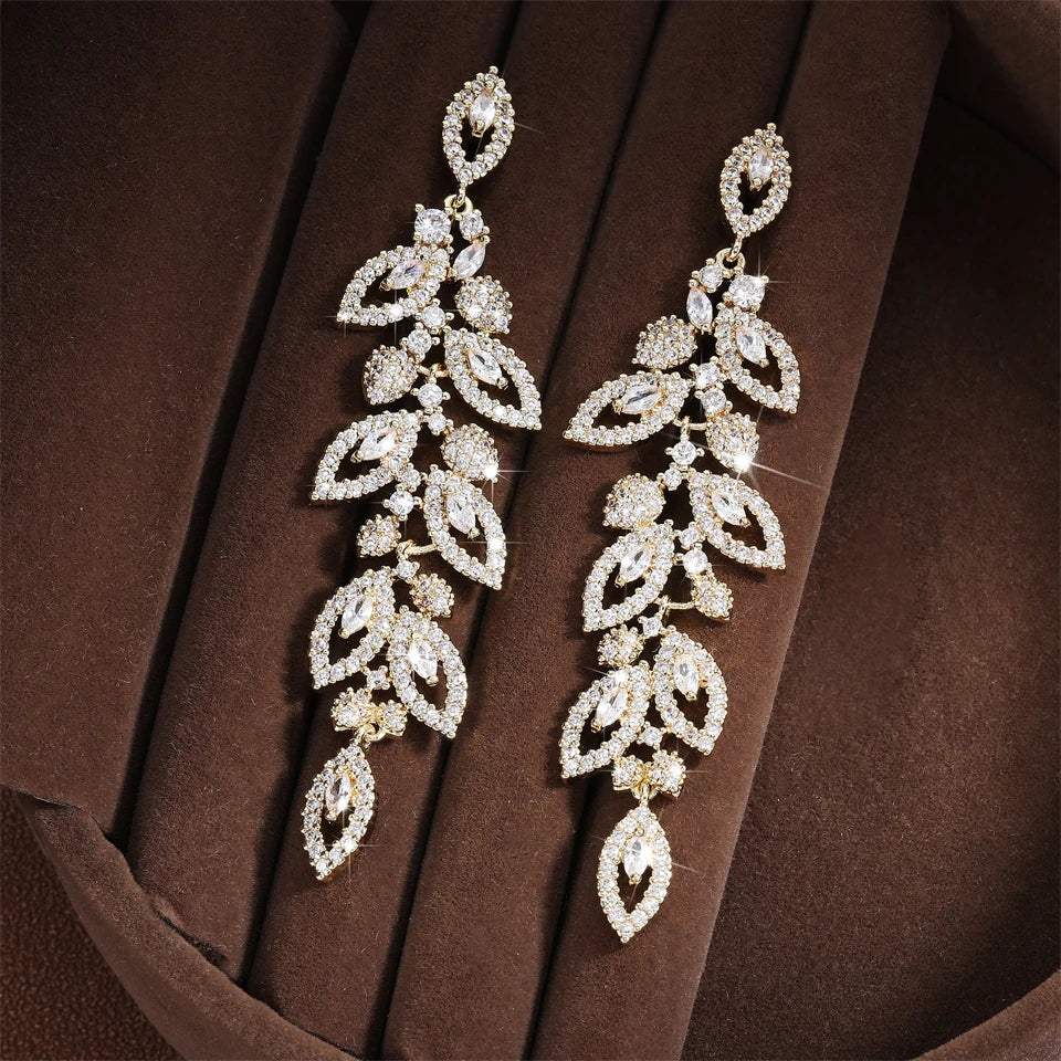 Hemasa Luxury Shiny Zircon Polish Bridal Wedding Dange Earrings Elegant Marquise Leaf AAA CZ Long Drop Earring Party Jewelry