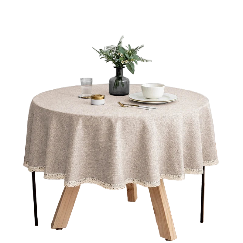 Tejesa Round Solid Color Faux Linen Tablecloth with Lace Trim-Waterproof/Spill Proof/Stain Resistant/Oil Proof-for Banquet,Parties