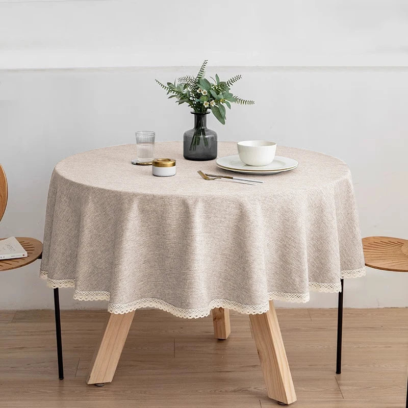 Tejesa Round Solid Color Faux Linen Tablecloth with Lace Trim-Waterproof/Spill Proof/Stain Resistant/Oil Proof-for Banquet,Parties