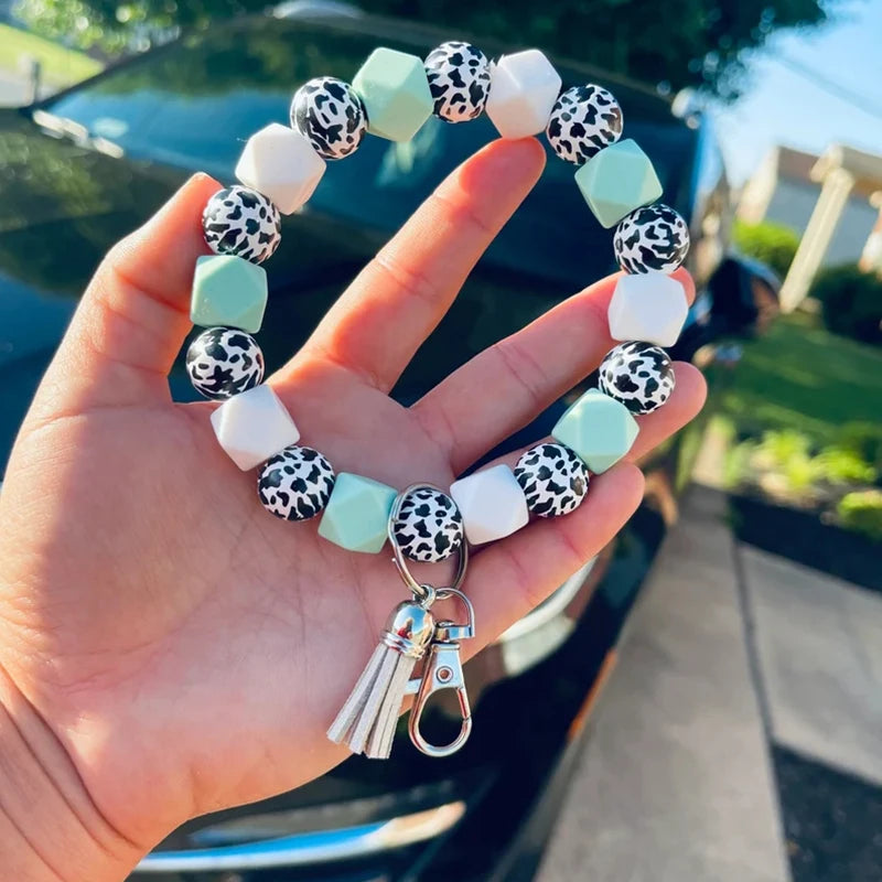 Heamsa  Bangle Mint White Cows Print Silicone Beads Cow Print MAMA Keychain Wristlet Fashion Bag Pendants Gifts for Women