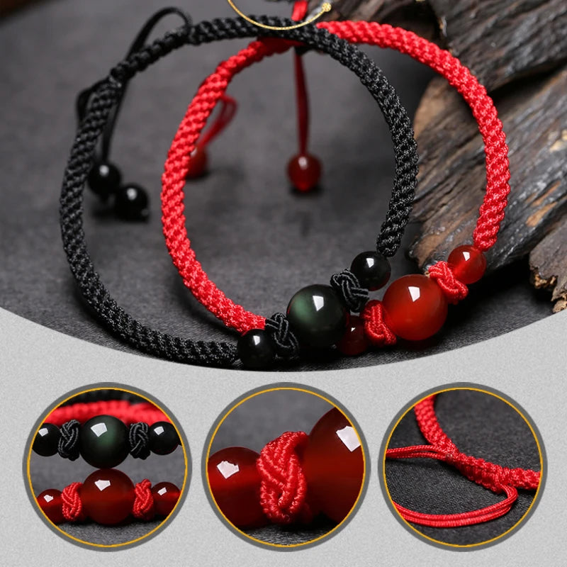Tejesa Onyx And Obsidian Knits  Good Luck 1pc Knot Braided Natural Stone Bracelet For Men/Couple