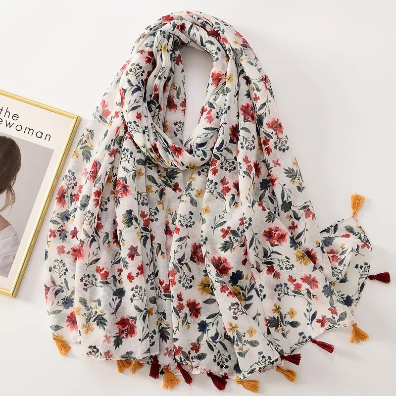 Tejesa Woman Shawl Fashion Design Tassel Cotton Scarf  /Floral Print Ladies Scarves