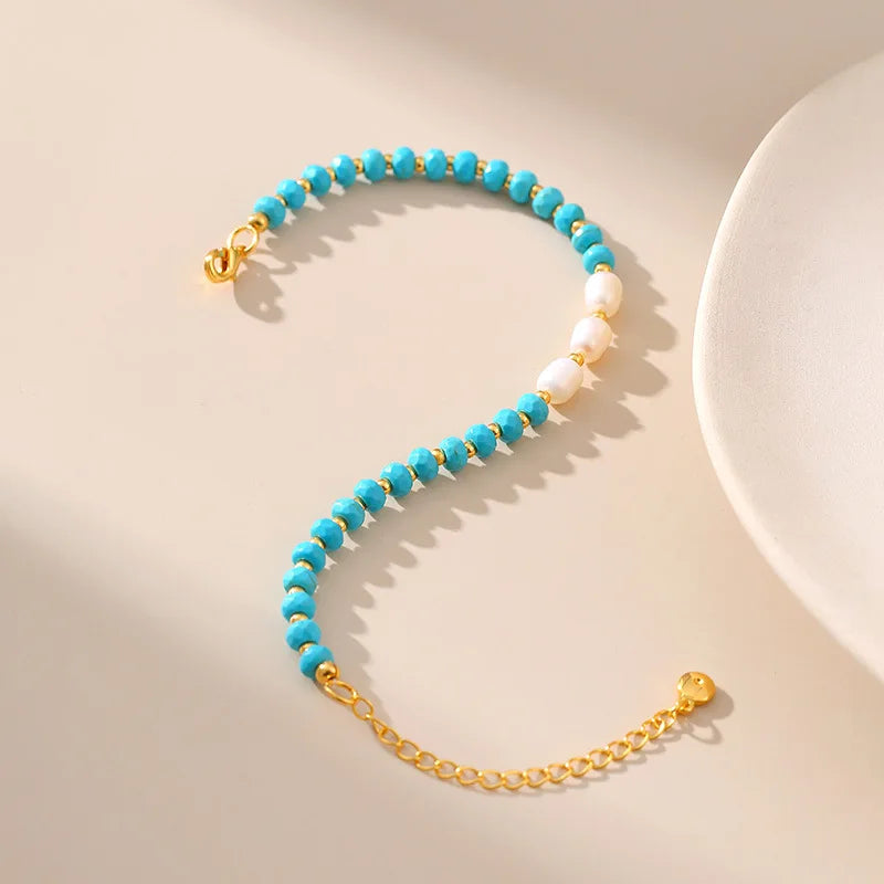 Fashion Blue Turquoise Bracelets Handmade Natural Stone with Gold Plated Beaded Bracelet for Men Women Vintage Jewelry Gift