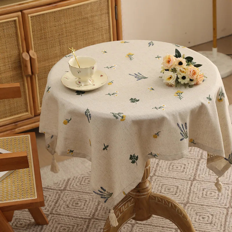 Linen Embroidery Garden Tablecloth with Fringe Cotton Linen Floral Printed Tassel Table Cover Luxury Flax Cloth Home Decoration