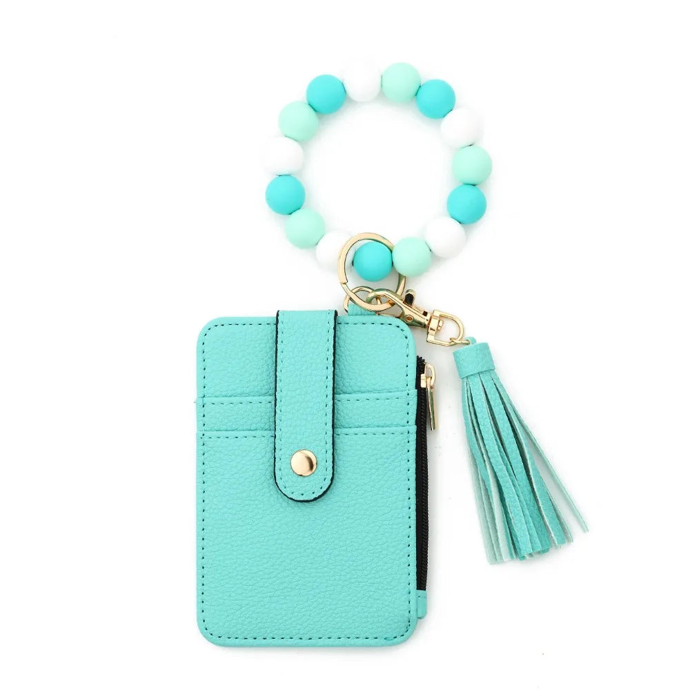 Hemasa Bohemian Style Card Holder Bracelet Keychain Floral Design Faux Leather Beaded Tassel Keychain Tassel Beaded Detail