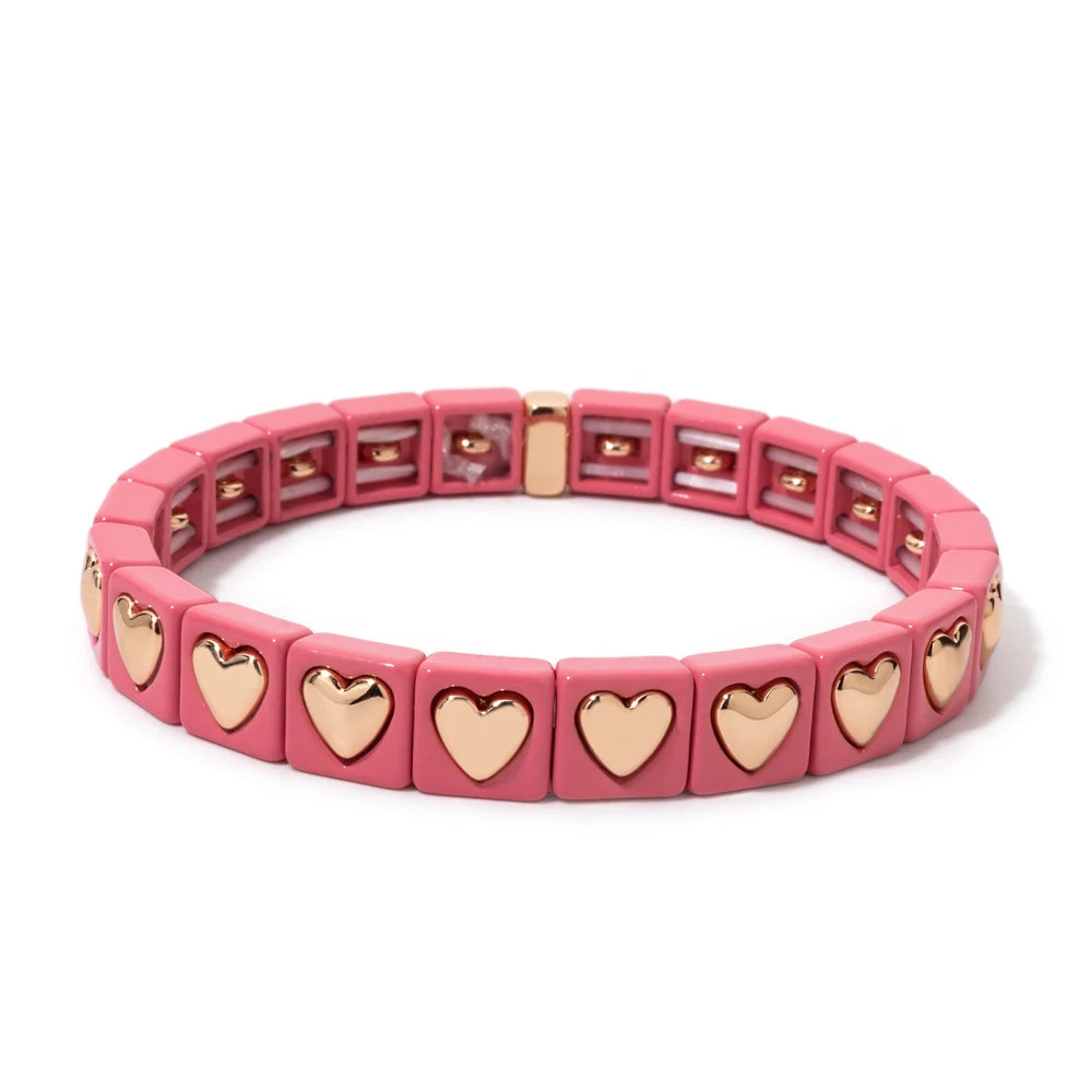 8mm Square Shape Love Bangle For Women Rainbow Color Peach Boho Enamel Elastic Beads Bracelets
