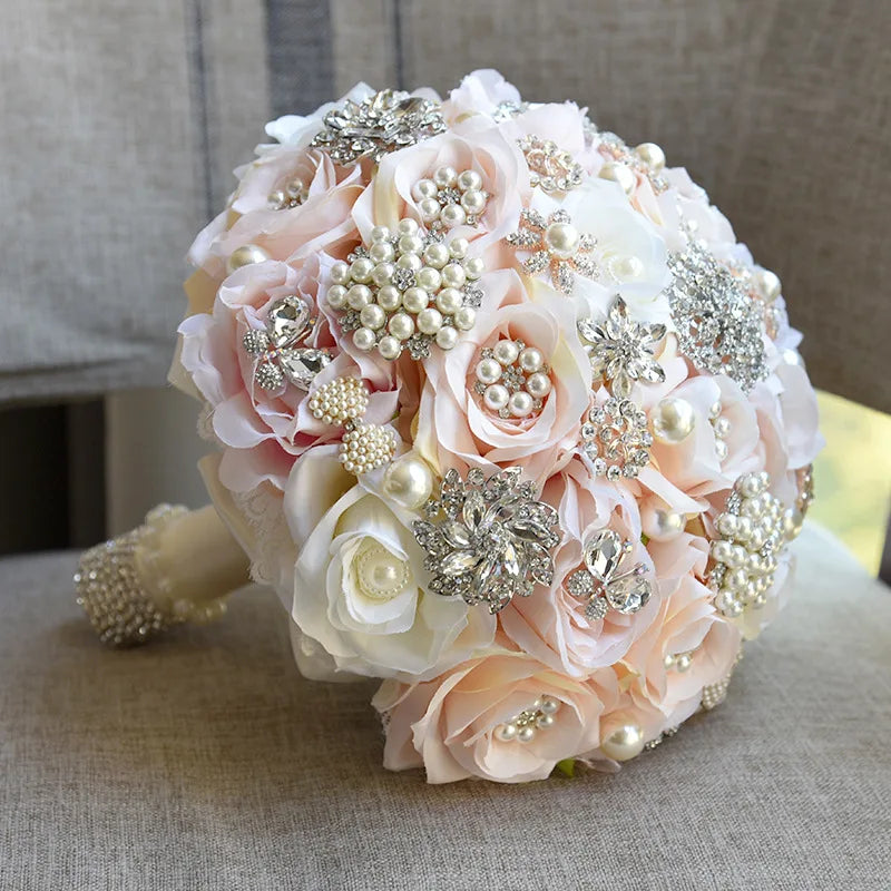 Tejesa Fancy 9.8in Bridal Wedding Bouquet with Crystal Pearl Artificial Silk Rose Flower Bouquet for Bride Wedding